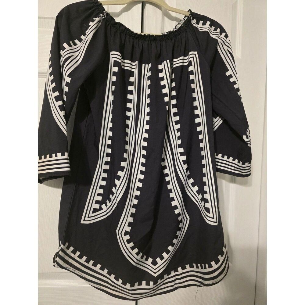 Unbranded Black White Aztec Geometric Embroidered Tunic Blouse Large L Boho